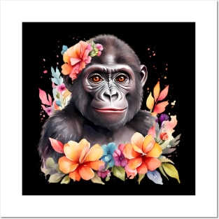 A gorilla decorated with beautiful watercolor flowers Posters and Art